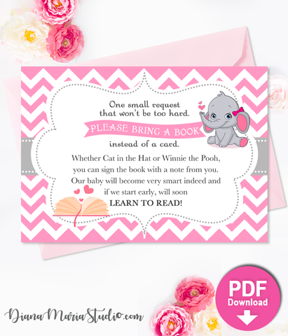 Elephant Book Insert Girl Baby Shower Printable Bring a book card INSTANT DOWNLOAD