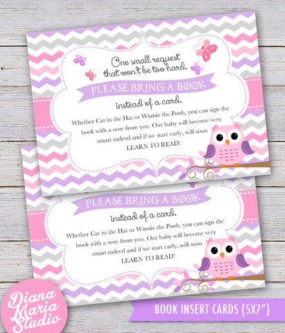 Book Insert Girl Baby Shower Owl Printable Bring a book card INSTANT DOWNLOAD