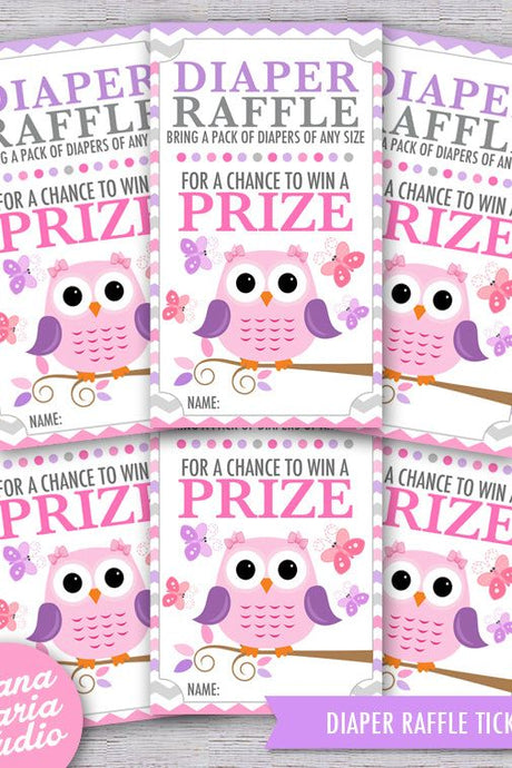 Diaper Raffle Tickets Owl Girl Baby Shower Game Raffle Tickets Pink Purple - INSTANT DOWNLOAD