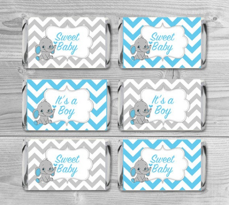Mini Candy Wrappers Baby Shower /It's a Boy Party Elephant Theme/Baby Shower Favors Candy Bar/Blue and gray chevron pattern/INSTANT DOWNLOAD