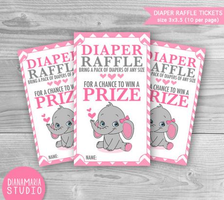 Diaper Raffle Elephant Tickets- Baby Shower Games Printable diaper raffle tickets Pink chevron - INSTANT DOWNLOAD
