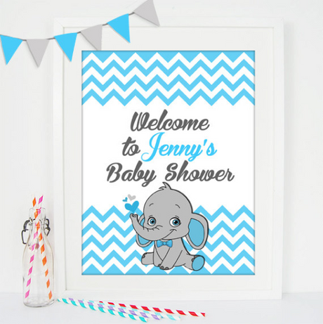 Welcome Sign Boy Shower - Elephant Theme Baby Shower Decoration- It's a boy party - Blue grey chevron pattern - PRINTABLE