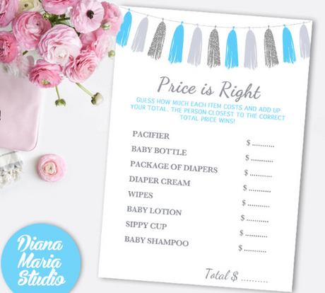 Price is right Boy Baby Shower Game - Printable baby shower games - Blue silver gray tassel - INSTANT DOWNLOAD