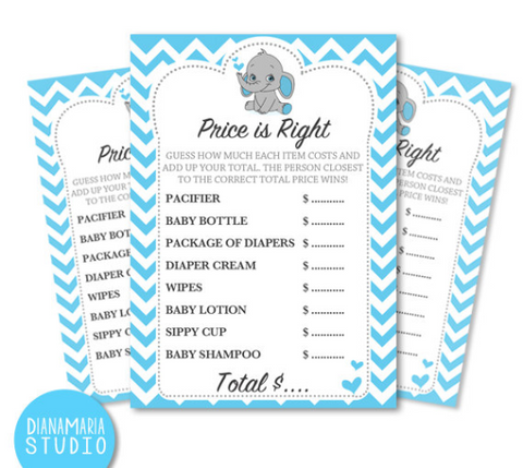 Price is Right Boy Baby Shower Game /Elephant Blue Chevron theme /DIY Printable Games / INSTANT DOWNLOAD