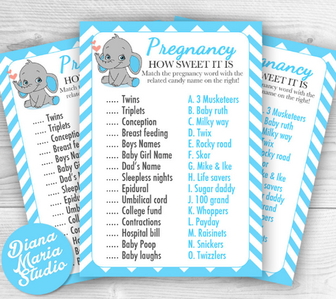 Match a candy game -Boy Baby Shower Game How sweet it is - Elephant Blue chevron - INSTANT DOWNLOAD
