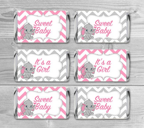 Mini Candy Wrappers Candy Bar Elephant - Baby Shower Favors - Pink and gray chevron pattern - INSTANT DOWNLOAD