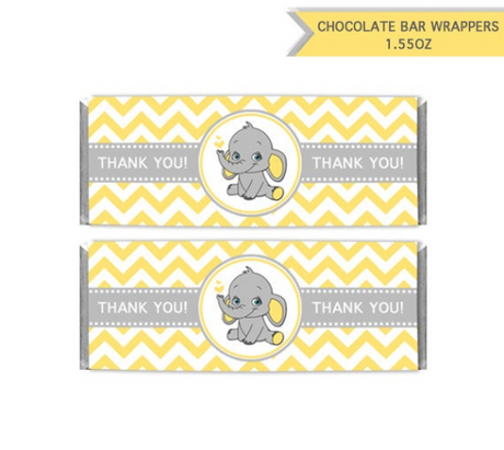 Chocolate Bar Wrappers Elephant Neutral Baby Shower Printable Candy Wrapper Label Yellow Chevron - Thank you favors