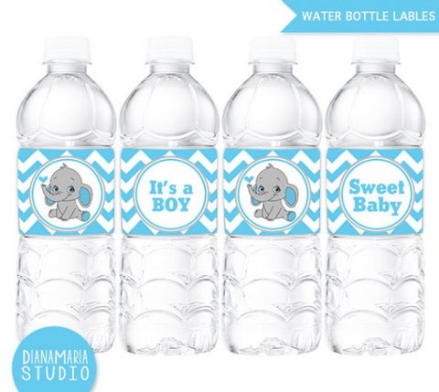 Water Bottle Labels Blue Elephant Baby Shower Printable labels - It's a boy baby shower-INSTANT DOWNLOAD
