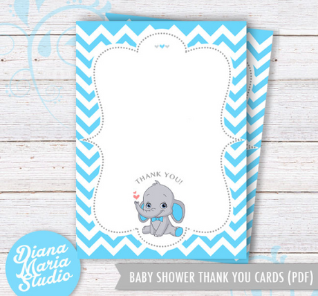Baby Shower Thank you cards - Baby Boy Party - Elephant Blue and gray thank you cards - INSTANT DOWNLOAD