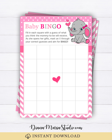 Baby Shower Bingo Pink Elephant Baby Shower Bingo Cards - INSTANT DOWNLOAD