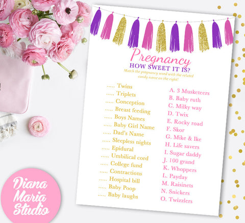 Match a candy game Printable Game - Girl Baby Shower Game Pregnancy how sweet it is - Gold Purple Pink tassel - INSTANT DOWNLOAD