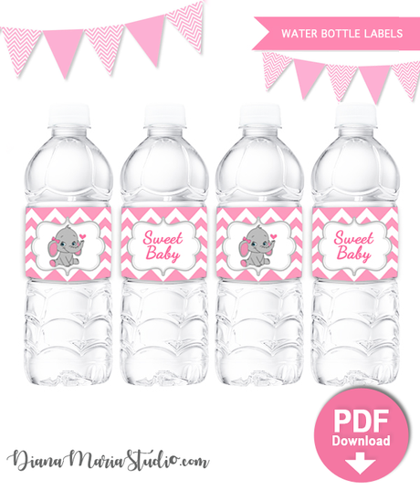 Printable Water Bottle Labels Elephant Baby Shower INSTANT DOWNLOAD