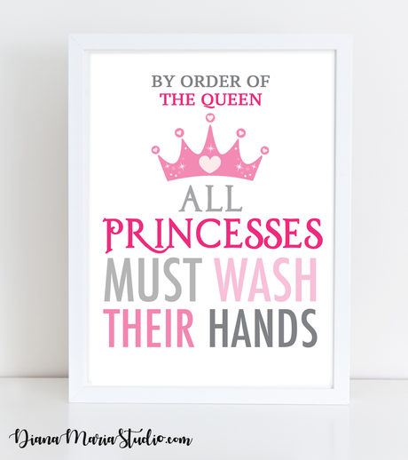Children's Bathroom Wall Art - Printable nursery wall art - All Princesses must wash their hands - Size 8x10 - INSTANT DOWNLOAD