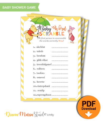 Printable Winnie the Pooh Baby Shower Game Word Scramble - INSTANT DOWNLOAD