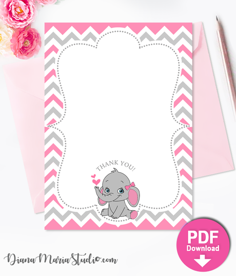 Printable Thank you cards Girl Baby Shower Elephant Theme INSTANT DOWNLOAD