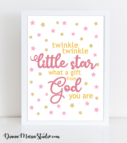 Twinkle Little Star, Rose Gold Baby Shower Birthday Decor, Printable Baby Girl Nursery Wall Art