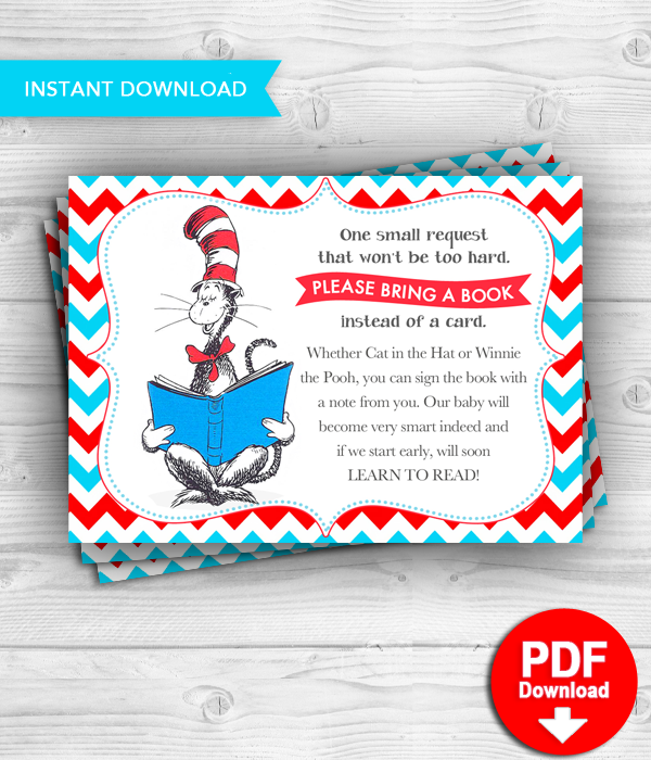 Dr Seuss Book Insert Cat in the hat -Baby Shower Printable Bring a boo –  DianaMariaStudio