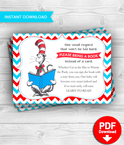 Dr Seuss Book Insert Cat in the hat -Baby Shower Printable Bring a book card INSTANT DOWNLOAD