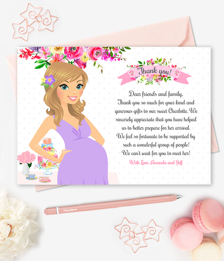 Printable Baby Shower Thank You Cards Floral Personalized Stationery Custom Mom-to-be Illustration