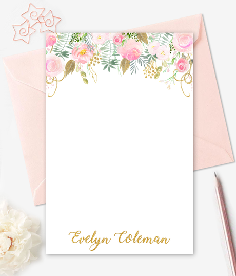 Watercolor Gold Floral Note Cards Personalized Stationery - Printable Card