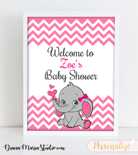 Girl Baby Shower Welcome Sign - Elephant Theme Baby Shower Decoration- It's a girl party -Pink gray chevron pattern - PRINTABLE