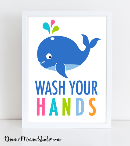 Printable Bathroom Wall Art - Whale Wash your hands - Size 8x10 - INSTANT DOWNLOAD