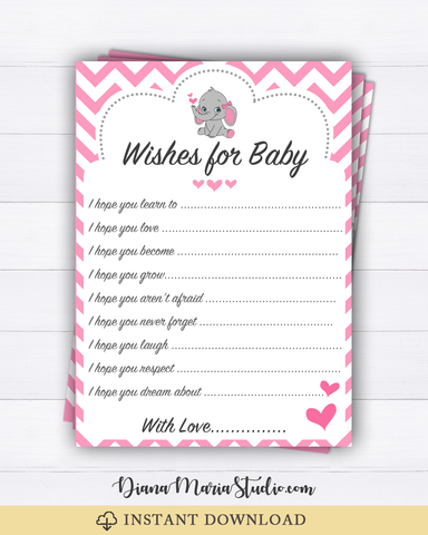 Elephant Girl Baby Shower Wishes for Baby Advice Cards - Printable Baby Shower Games-Chevron pink-INSTANT DOWNLOAD